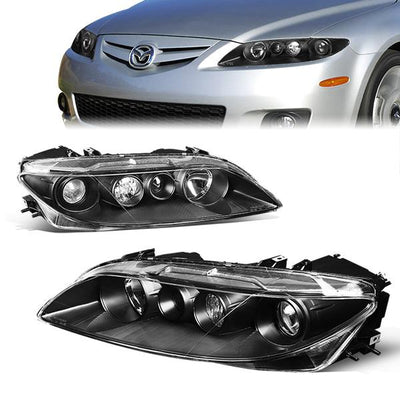 03-05 Mazda 6 Headlights - Black Housing - Clear Lens - Clear Corner - Plug-n-Play - Pair