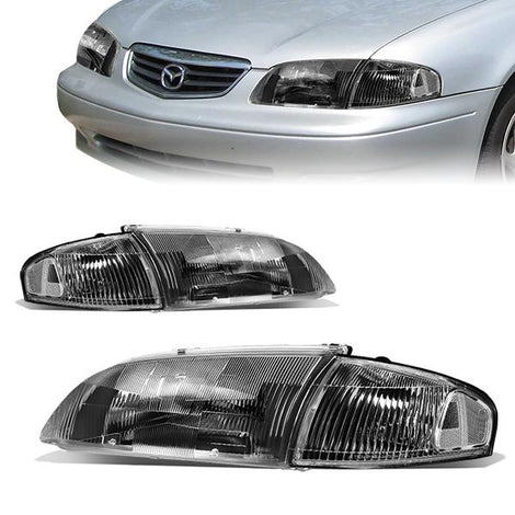 98-99 Mazda 626 Headlights - Black Housing - Clear Corner - Plug-n-Play - Pair