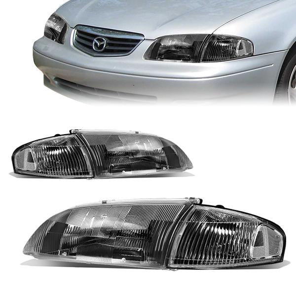 98-99 Mazda 626 Headlights - Black Housing - Clear Corner - Plug-n-Play - Pair
