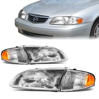 98-99 Mazda 626 Headlights - Chrome Housing - Amber Corner - Plug-n-Play - Pair