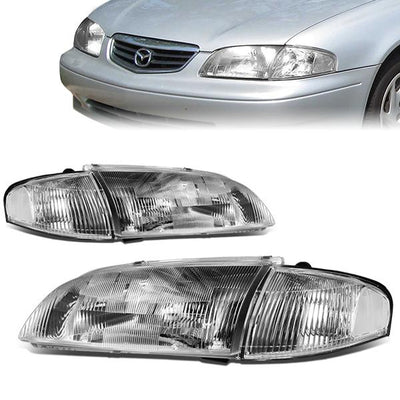 98-99 Mazda 626 Headlights - Chrome Housing - Clear Corner - Plug-n-Play - Pair