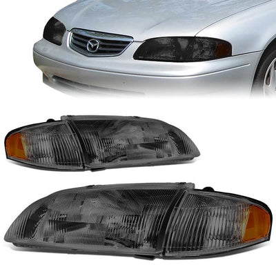 98-99 Mazda 626 Headlights - Smoked Housing - Smoked Lens - Amber Corner - Plug-n-Play - Pair