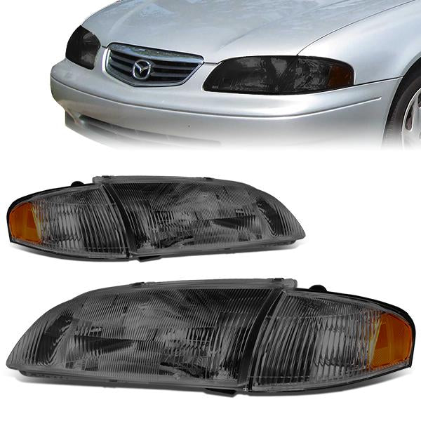 98-99 Mazda 626 Headlights - Smoked Housing - Smoked Lens - Amber Corner - Plug-n-Play - Pair