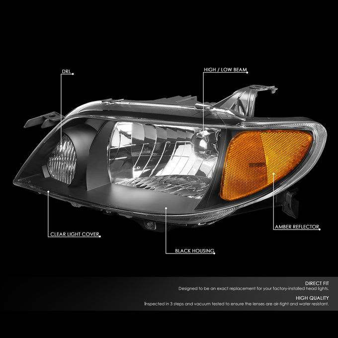 D-Motoring - Headlights - Black Housing - Clear Lens - Amber Corner - Plug-n-Play - Pair - 01-03 Mazda Protege - 2