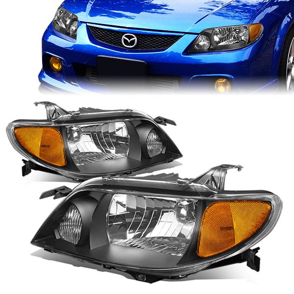 01-03 Mazda Protege Headlights - Black Housing - Clear Lens - Amber Corner - Plug-n-Play - Pair