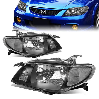 01-03 Mazda Protege Headlights - Black Housing - Clear Lens - Plug-n-Play - Pair