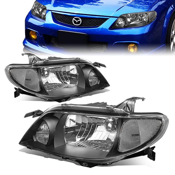 01-03 Mazda Protege Headlights - Black Housing - Clear Lens - Plug-n-Play - Pair