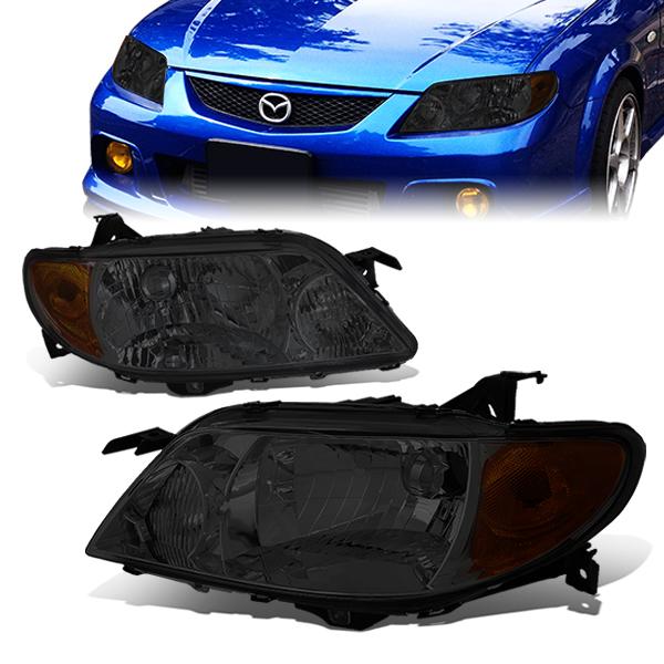 01-03 Mazda Protege Headlights - Smoked Housing - Amber Corner - Plug-n-Play - Pair