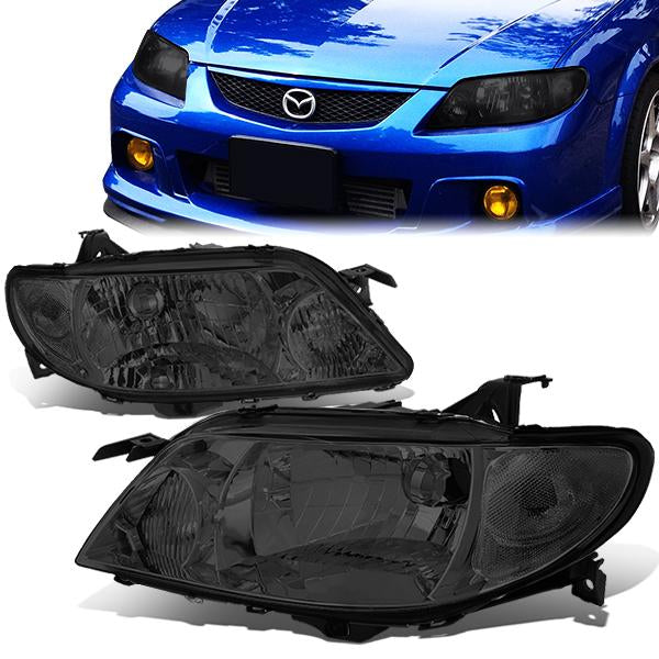 01-03 Mazda Protege Headlights - Smoked Housing - Smoked Lens - Clear Corner - Plug-n-Play - Pair