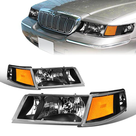 98-02 Mercury Grand Marquis Headlights - Black Housing - Amber Corner - Plug-n-Play - Pair