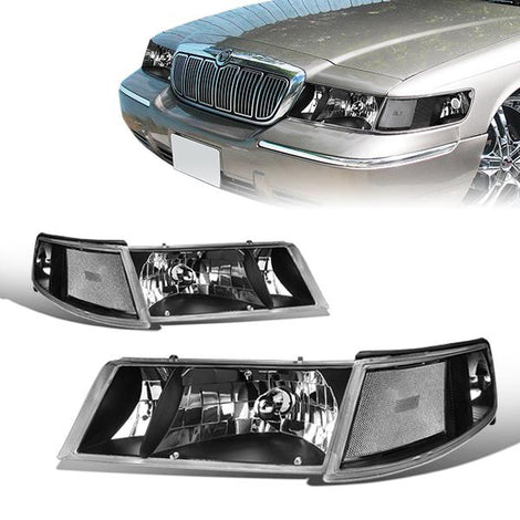 98-02 Mercury Grand Marquis Headlights - Black Housing - Clear Corner - Plug-n-Play - Pair
