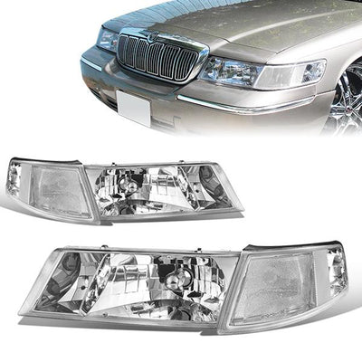 98-02 Mercury Grand Marquis Headlights - Chrome Housing - Clear Corner - Plug-n-Play - Pair