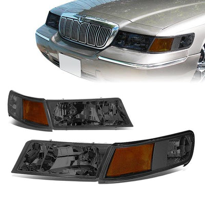 98-02 Mercury Grand Marquis Headlights - Smoked Housing - Smoked Lens - Amber Corner - Plug-n-Play - Pair