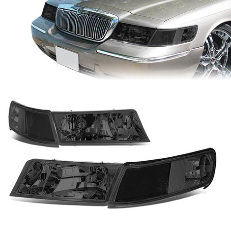 98-02 Mercury Grand Marquis Headlights - Smoked Housing - Smoked Lens - Clear Corner - Plug-n-Play - Pair