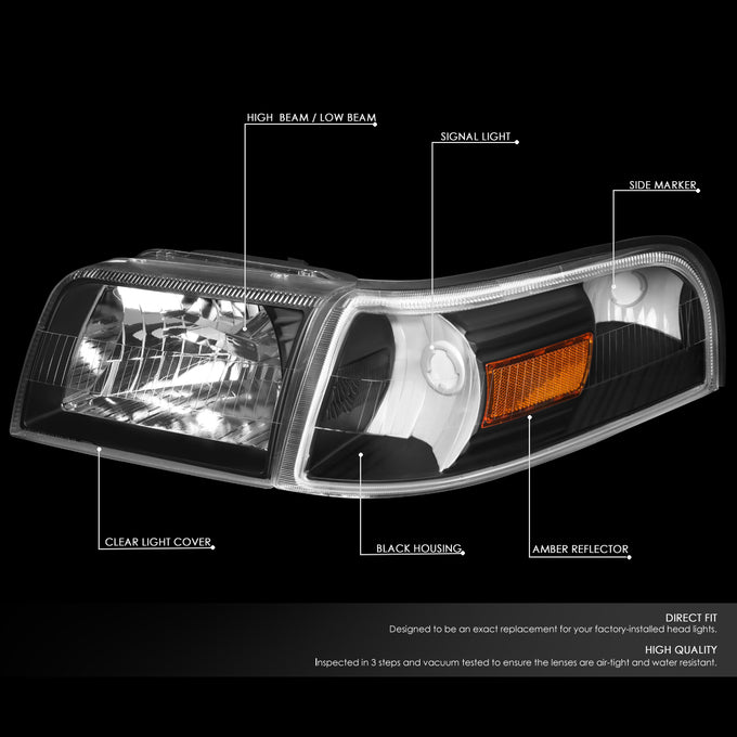 D-Motoring - 06-11 Mercury Grand Marquis Headlights - Black Housing - Clear Lens - Amber Corner - Plug-n-Play - Pair - 2
