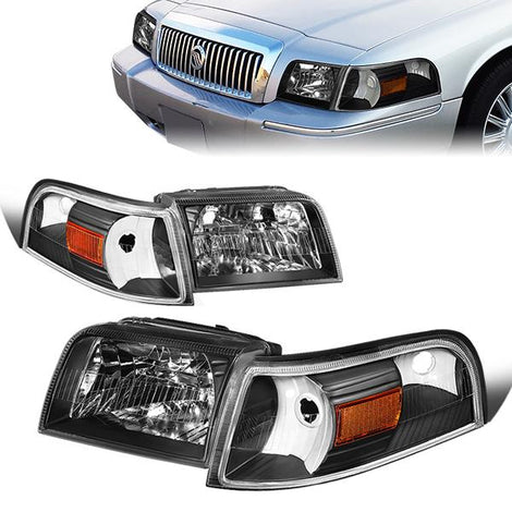 06-11 Mercury Grand Marquis Headlights - Black Housing - Clear Lens - Amber Corner - Plug-n-Play - Pair