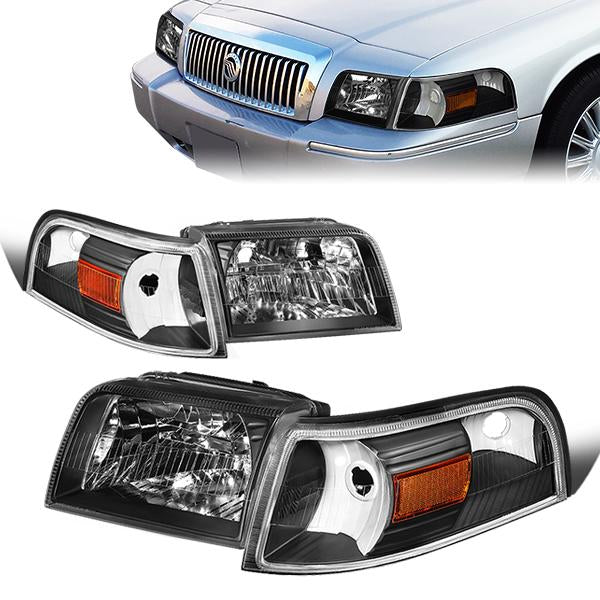 06-11 Mercury Grand Marquis Headlights - Black Housing - Clear Lens - Amber Corner - Plug-n-Play - Pair