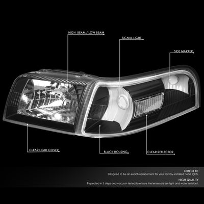 D-Motoring - 06-11 Mercury Grand Marquis Headlights - Black Housing - Clear Lens - Clear Corner - Plug-n-Play - Pair - 2