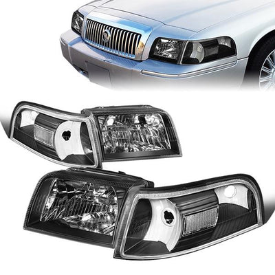 06-11 Mercury Grand Marquis Headlights - Black Housing - Clear Lens - Clear Corner - Plug-n-Play - Pair