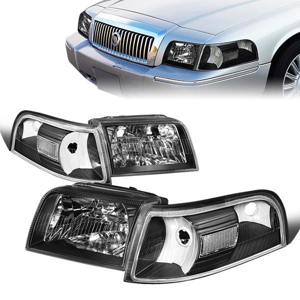 06-11 Mercury Grand Marquis Headlights - Black Housing - Clear Lens - Clear Corner - Plug-n-Play - Pair