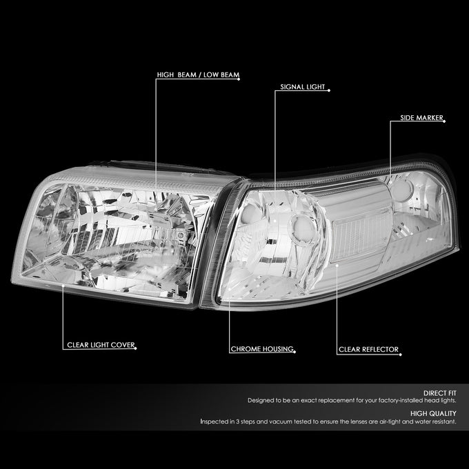 D-Motoring - 06-11 Mercury Grand Marquis Headlights - Chrome Housing - Clear Lens - Clear Corner - Plug-n-Play - Pair - 2