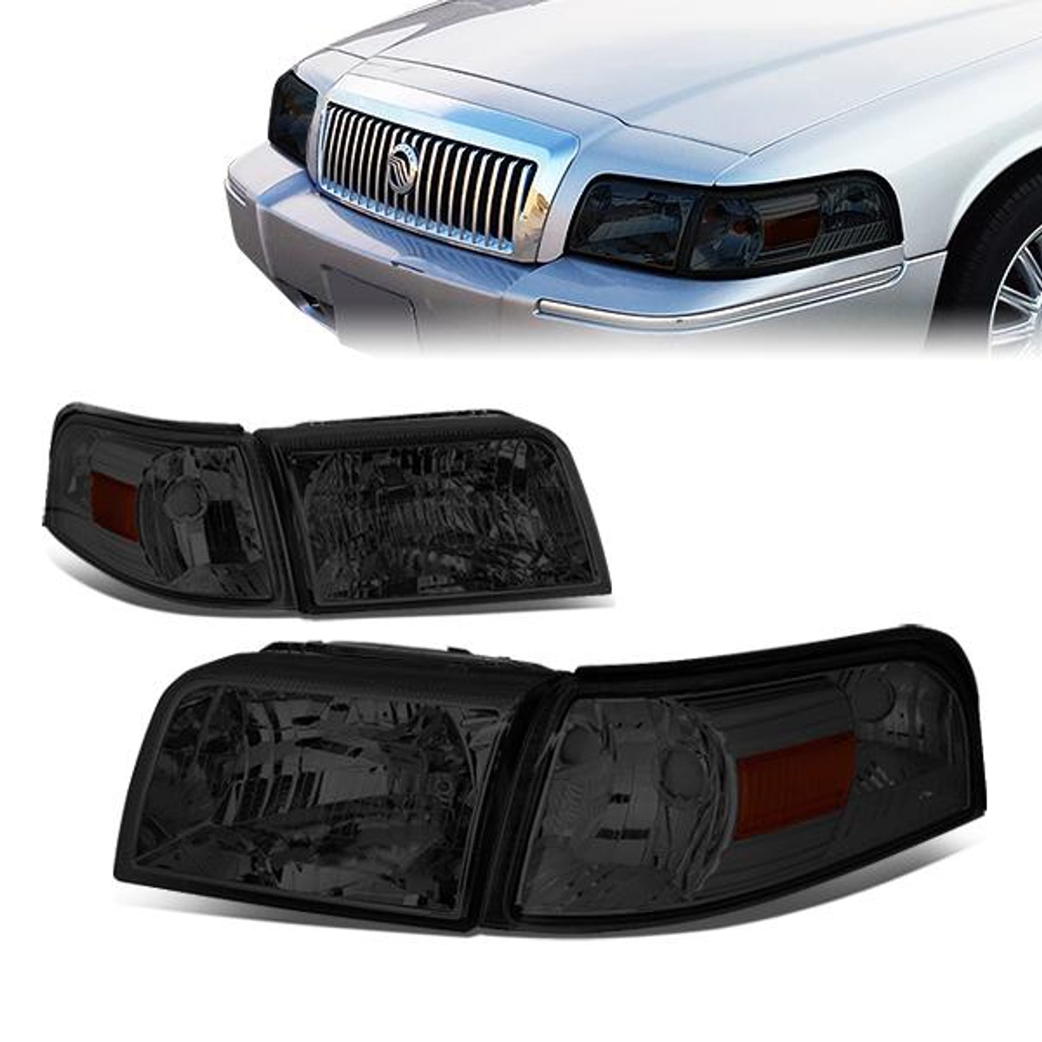 06-11 Mercury Grand Marquis Headlights - Chrome Housing - Smoked Lens - Amber Corner - Plug-n-Play - Pair