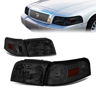 06-11 Mercury Grand Marquis Headlights - Chrome Housing - Smoked Lens - Amber Corner - Plug-n-Play - Pair