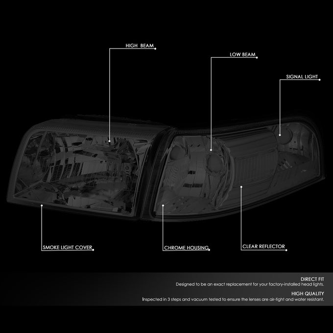 D-Motoring - Headlights - Smoked Housing - Smoked Lens - Clear Corner - Plug-n-Play - Pair - 06-11 Mercury Grand Marquis - 2