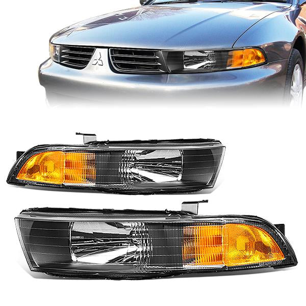 99-03 Mitsubishi Galant Headlights - Black Housing - Amber Corner - Plug-n-Play - Pair