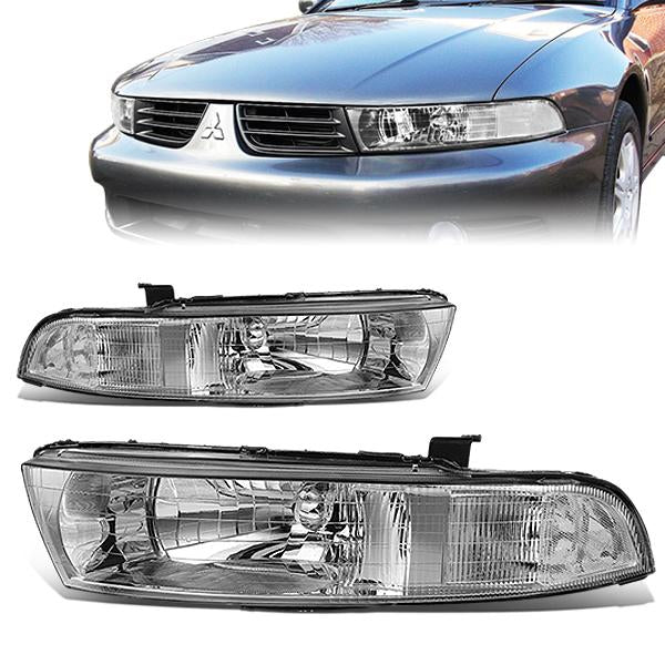 99-03 Mitsubishi Galant Headlights - Chrome Housing - Clear Corner - Plug-n-Play - Pair