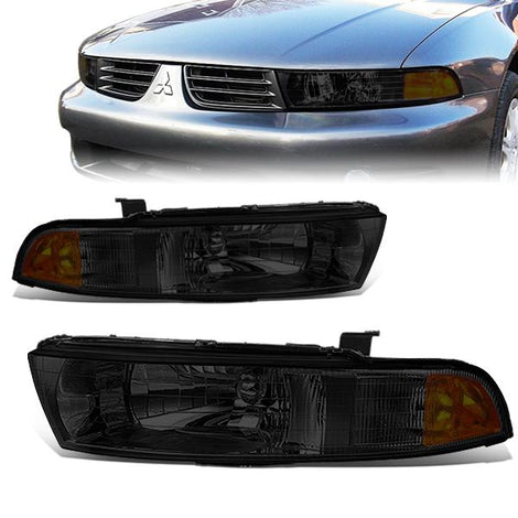 99-03 Mitsubishi Galant Headlights - Smoked Housing - Smoked Lens - Amber Corner - Plug-n-Play - Pair