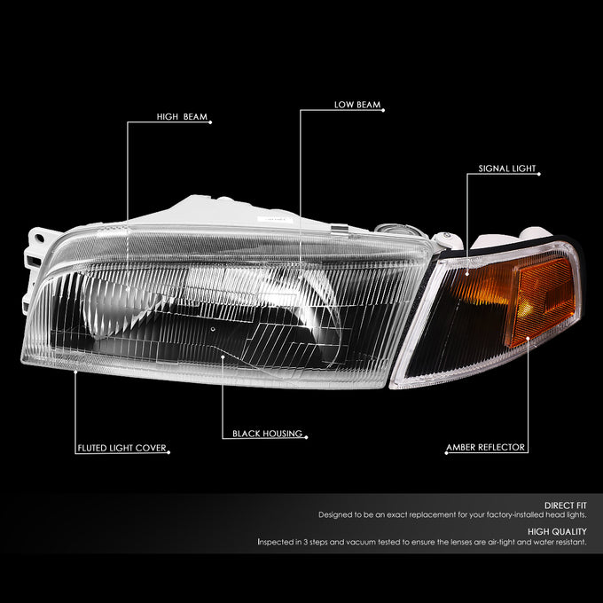D-Motoring - 97-01 Mitsubishi Mirage Headlights - Black Housing - Clear Lens - Amber Corner - Plug-n-Play - Pair - 2
