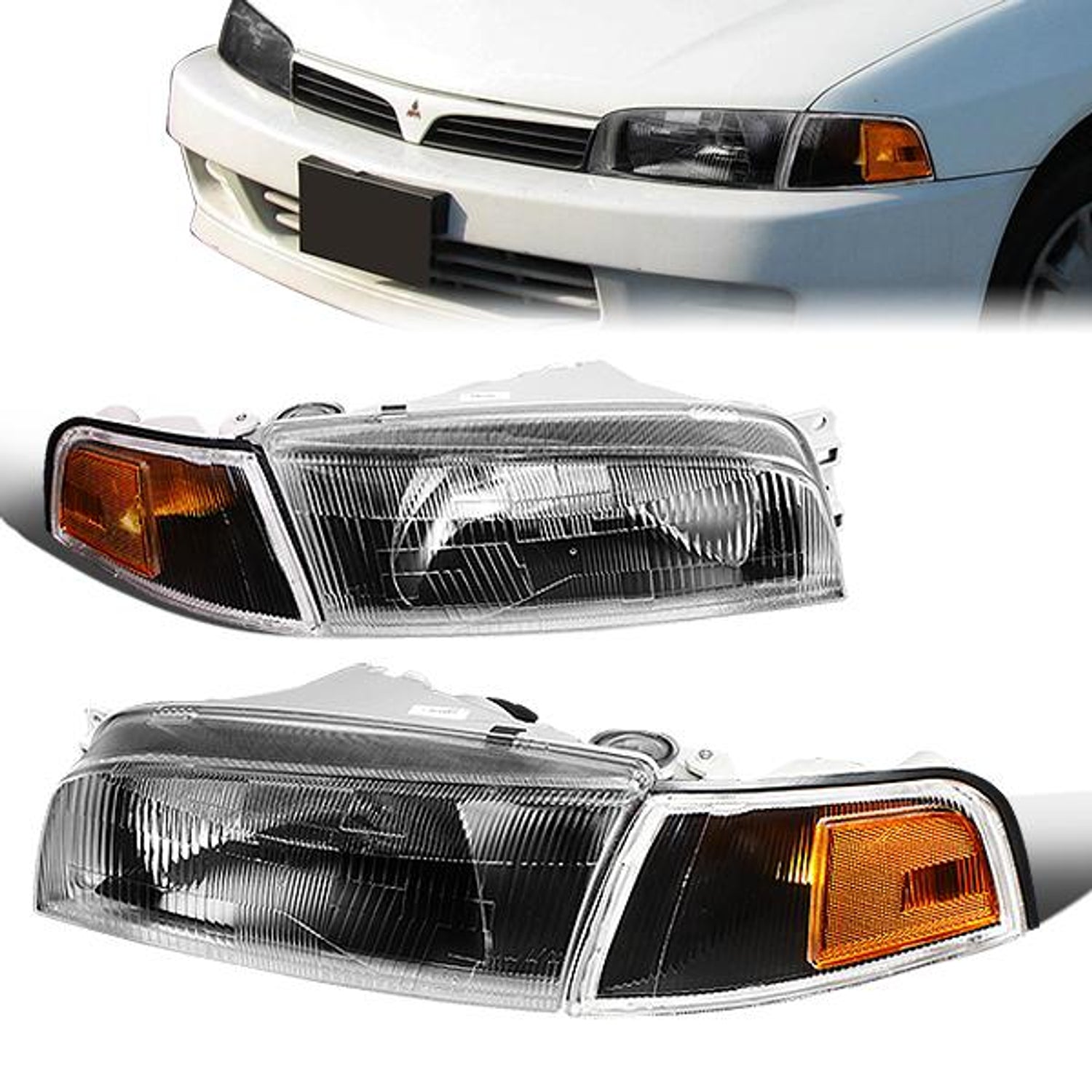 97-01 Mitsubishi Mirage Headlights - Black Housing - Clear Lens - Amber Corner - Plug-n-Play - Pair
