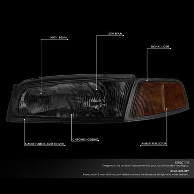 D-Motoring - 97-01 Mitsubishi Mirage Headlights - Chrome Housing - Smoked Lens - Amber Corner - Plug-n-Play - Pair - 2