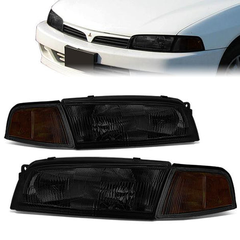 97-01 Mitsubishi Mirage Headlights - Chrome Housing - Smoked Lens - Amber Corner - Plug-n-Play - Pair