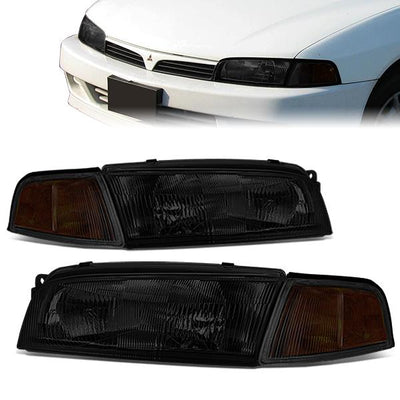 97-01 Mitsubishi Mirage Headlights - Chrome Housing - Smoked Lens - Amber Corner - Plug-n-Play - Pair