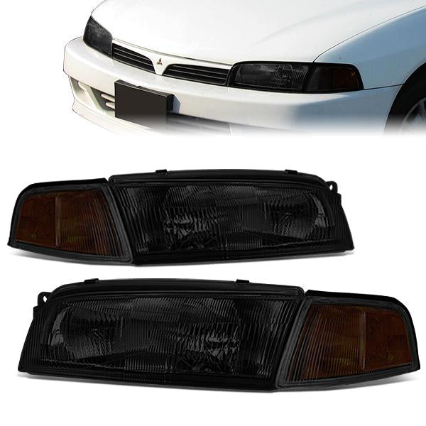 97-01 Mitsubishi Mirage Headlights - Chrome Housing - Smoked Lens - Amber Corner - Plug-n-Play - Pair