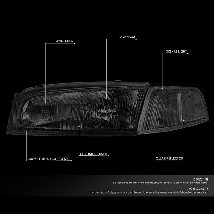 D-Motoring - 97-01 Mitsubishi Mirage Headlights - Chrome Housing - Smoked Lens - Clear Corner - Plug-n-Play - Pair - 2