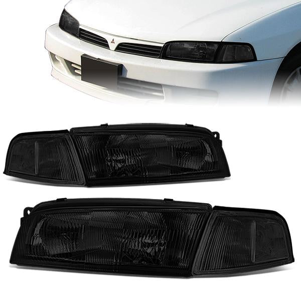 97-01 Mitsubishi Mirage Headlights - Chrome Housing - Smoked Lens - Clear Corner - Plug-n-Play - Pair