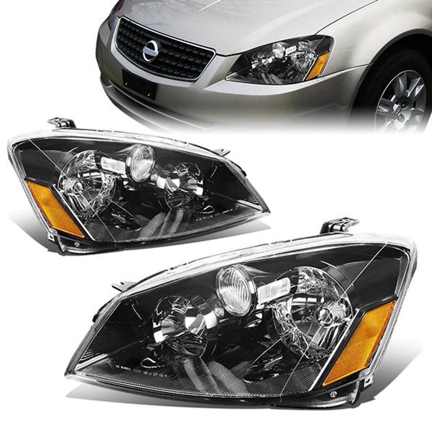 05-06 Nissan Altima Headlights - Black Housing - Amber Corner - Plug-n-Play - Pair