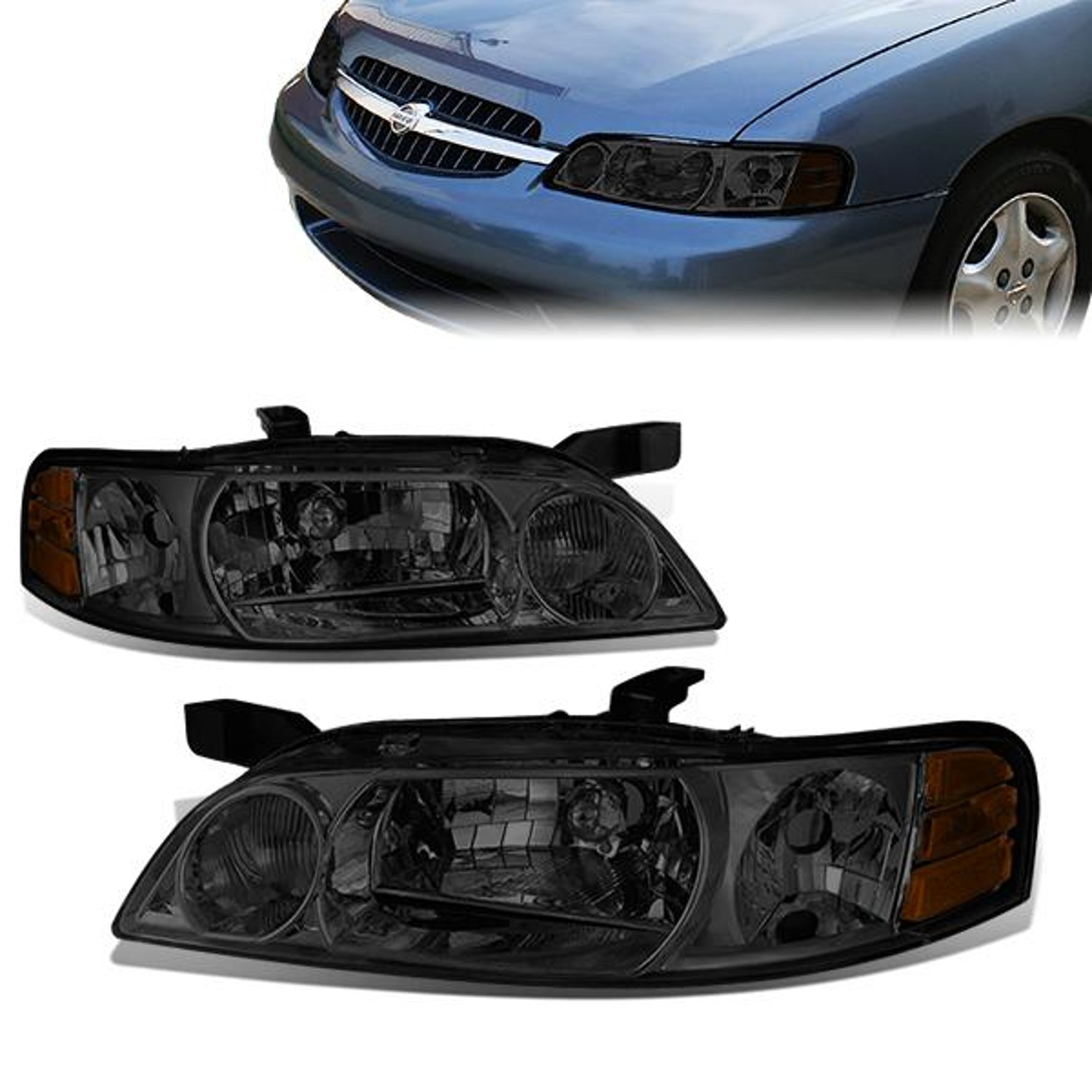 00-01 Nissan Altima Headlights - Smoked Housing - Smoked Lens - Amber Corner - Plug-n-Play - Pair