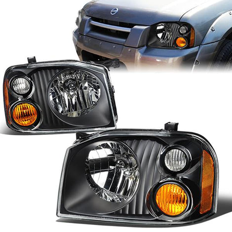 01-04 Nissan Frontier Headlights - Black Housing - Clear Lens - Amber Corner - Plug-n-Play - Pair