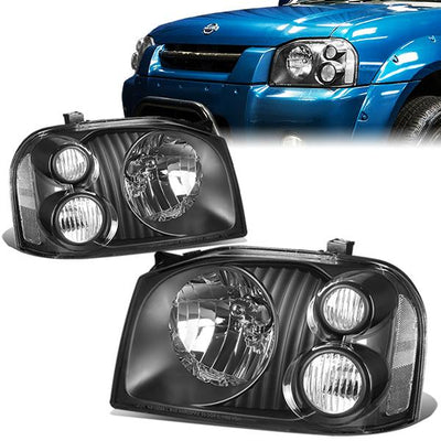 01-04 Nissan Frontier Headlights - Black Housing - Clear Lens - Clear Corner - Plug-n-Play - Pair