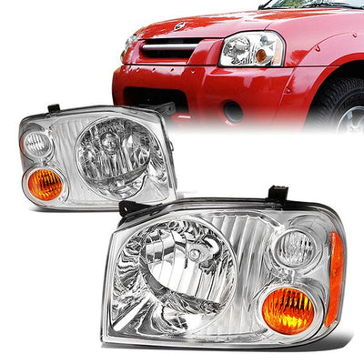 01-04 Nissan Frontier Headlights - Chrome Housing - Clear Lens - Amber Corner - Plug-n-Play - Pair