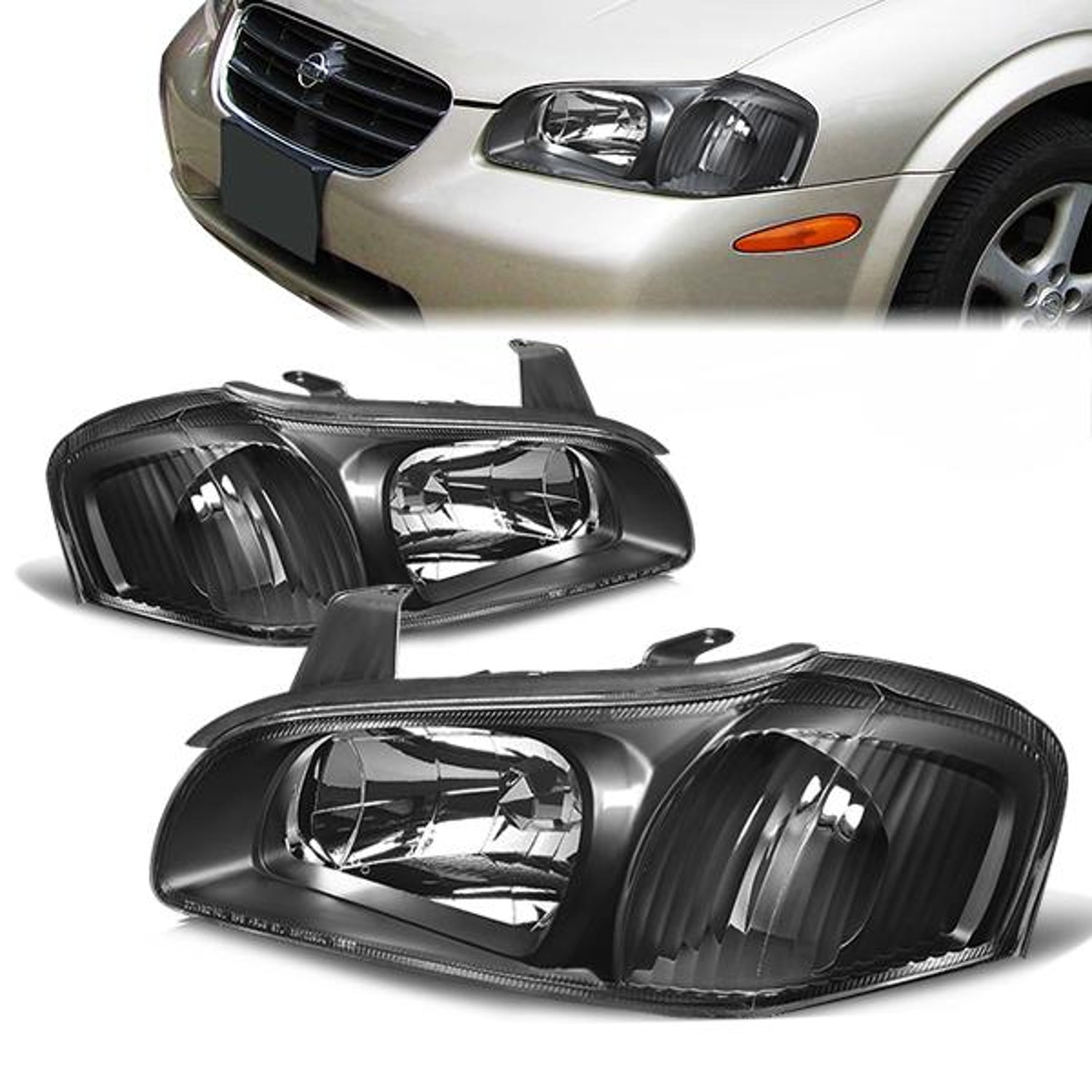 00-01 Nissan Altima Headlights - Black Housing - Clear Lens - Clear Corner - Plug-n-Play - Pair