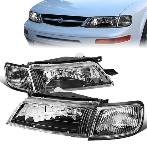 97-99 Nissan Maxima Headlights - Black Housing - Clear Lens - Clear Corner - Plug-n-Play - Pair