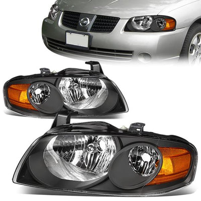04-06 Nissan Sentra Headlights - Black Housing - Amber Corner - Plug-n-Play - Pair