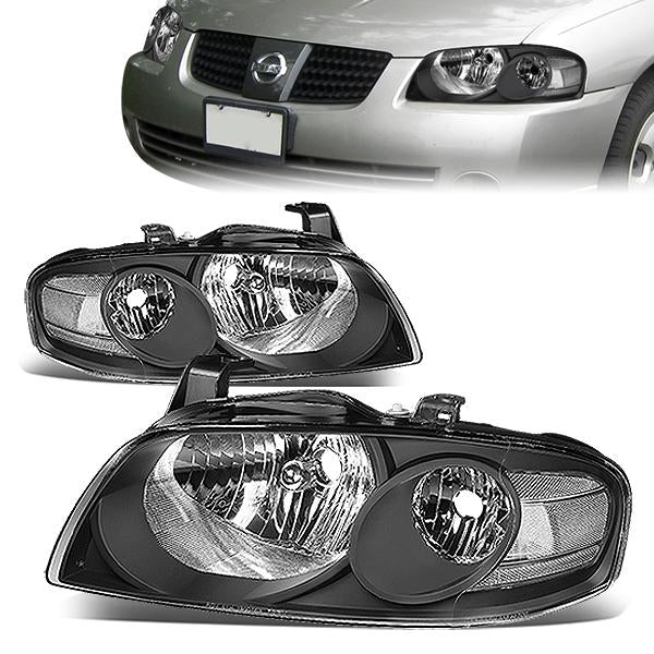 04-06 Nissan Sentra Headlights - Black Housing - Clear Corner - Plug-n-Play - Pair