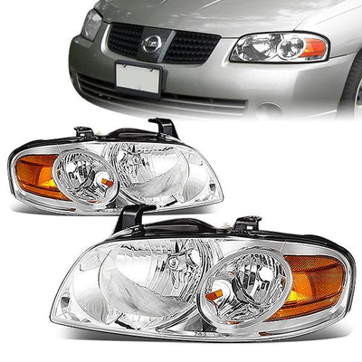 04-06 Nissan Sentra Headlights - Chrome Housing - Clear Lens - Amber Corner - Plug-n-Play - Pair