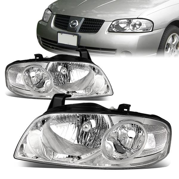 04-06 Nissan Sentra Headlights - Chrome Housing - Clear Lens - Clear Corner - Plug-n-Play - Pair